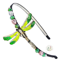 Load image into Gallery viewer, big green dragonfly embellished flexible headband, accented with sparkly crystal beads, Emerald Dragonfly Headband
