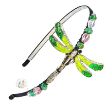 Load image into Gallery viewer, big emerald dragonfly side embellished flexible headband, accented with sparkly Austrian crystal beads, Emerald Dragonfly Headband
