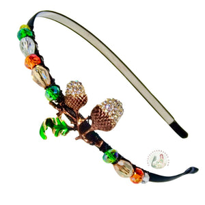 flexible headband embellished with enameled acorn and accented with Austrian crystal beads, Enameled Acorn Headband