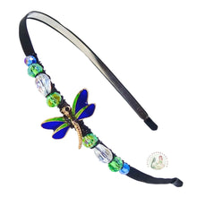 Load image into Gallery viewer, flexible headband embellished with enameled blue dragonrfly centerpiece, accented with colorful sparkly crystal beads, Enameled Dragonfly Headband
