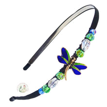 Load image into Gallery viewer, no-pinch headband embellished with enameled blue dragonrfly centerpiece, accented with colorful sparkly Austrian crystal beads
