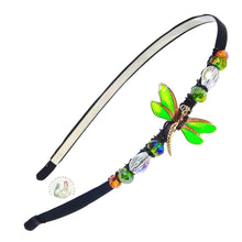 Load image into Gallery viewer, no-pinch headband embellished with enameled green dragonrfly centerpiece, accented with colorful sparkly Austrian crystal beads, Enameled Dragonfly Headband
