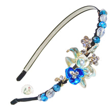 Load image into Gallery viewer, enameled aqua flower embellished flexible headband accented with Austrian crystal beads, Enameled Flower Headband
