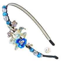 Load image into Gallery viewer, enameled aqua flower embellished flexible headband accented with Austrian crystal beads, Enameled Flower Headband
