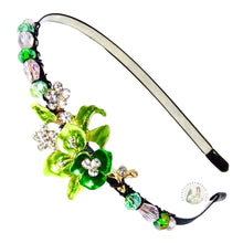 Load image into Gallery viewer, enameled green flower embellished flexible headband accented with Austrian crystal beads, Enameled Flower Headband
