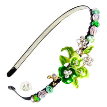 Load image into Gallery viewer, enameled green flower embellished flexible headband accented with Austrian crystal beads,Enameled Flower Headband
