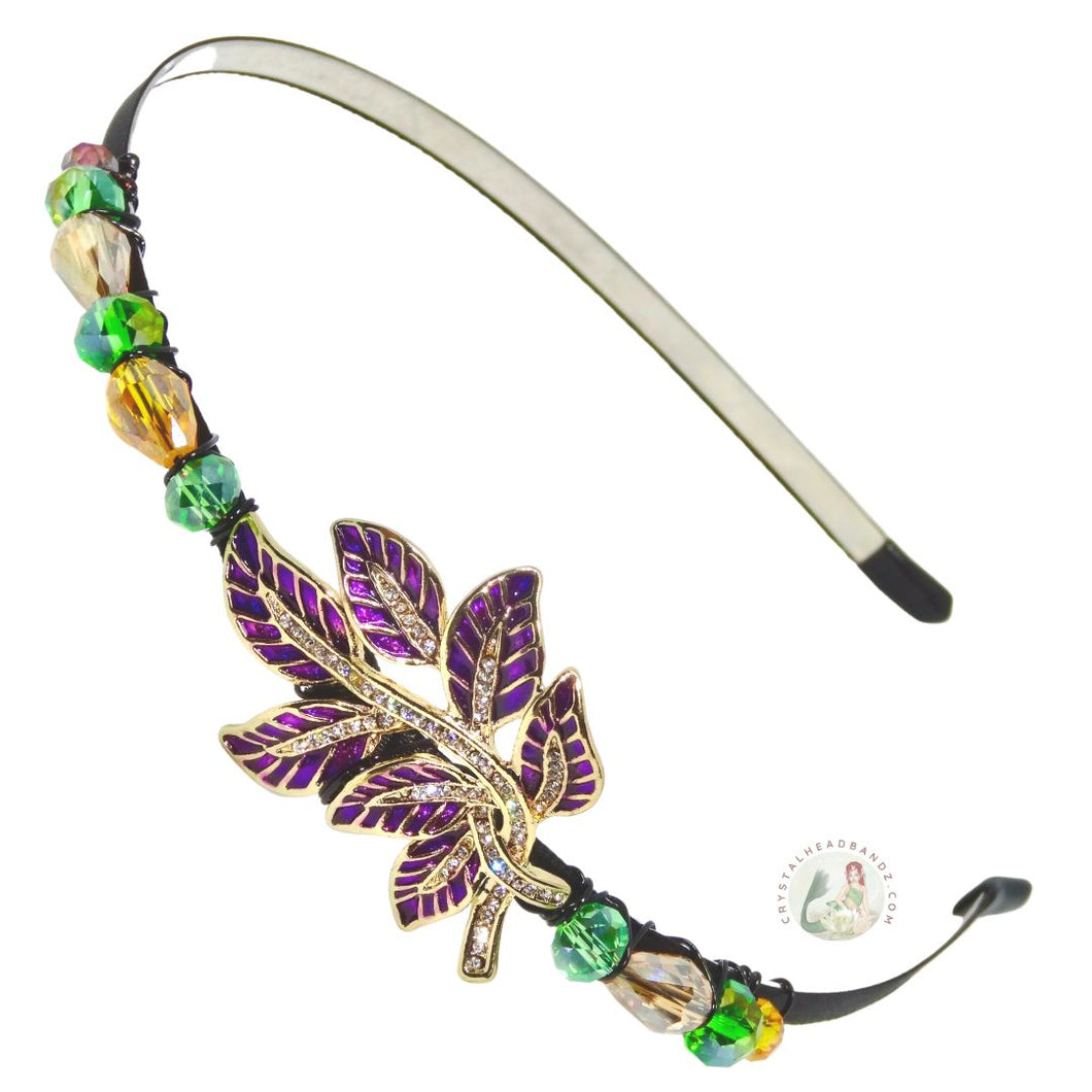enameled purple leaf embellished flexible headband side-accented with Austrian crystal beads, Enameled Leaf Headband