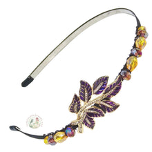 Load image into Gallery viewer, enameled purple leaf side-embellished flexible headband accented with Austrian crystal beads, Enameled Leaf Headband
