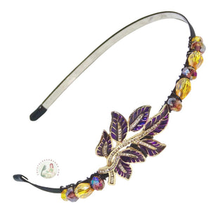 enameled purple leaf side-embellished flexible headband accented with Austrian crystal beads, Enameled Leaf Headband