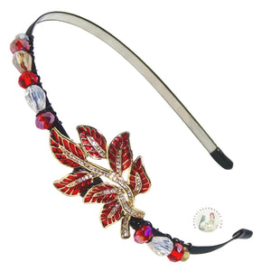 enameled red leaf embellished flexible headband side-accented with Austrian crystal beads, Enameled Leaf Headband