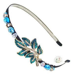 enameled teal leaf embellished flexible headband accented with Austrian crystal beads, Enameled Leaf Headband
