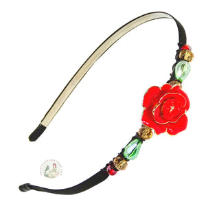 enameled red rose embellished flexible headband, accented with sparkly crystal beads,  Enameled Rose Headband