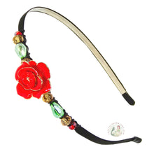 Load image into Gallery viewer, enameled red rose embellished no-pinch headband, accented with Austrian crystal beads, Enameled Rose Headband
