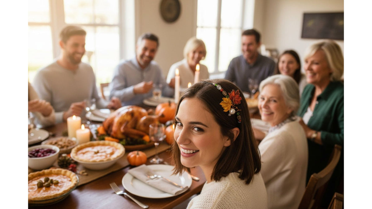 Woman wearing a fall leaf jeweled headband at a Thanksgiving dinner with family