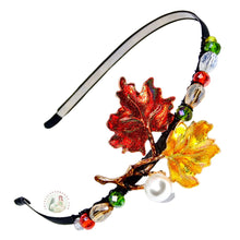 Load image into Gallery viewer, shimmery fall leaves and pearl embellished flexible headband, decorated with sparkly Austrian crystal beads, Fall Leaves Headband
