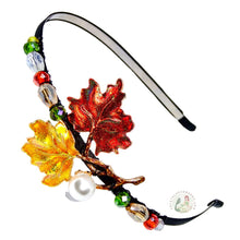 Load image into Gallery viewer, shimmery fall leaves embellished flexible headband, accented with sparkly Austrian crystal beads, Fall Leaves Headband
