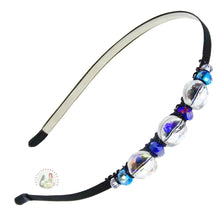 Load image into Gallery viewer, flexible headband embellished with clear flat crystal beads, accented with blue crystal beads, Fancy Crystal Beads Headband
