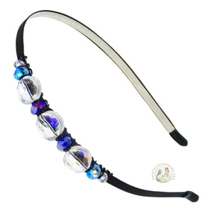 no-pinch headband embellished with clear, round flat crystal beads, accented with blue crystal beads, Fancy Crystal Beads Headband