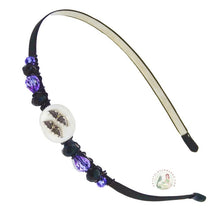 Load image into Gallery viewer, flexible headband embellished with bats flying over Full Moon, accented with purple and black Czech crystal beads, Flying Bats Headband
