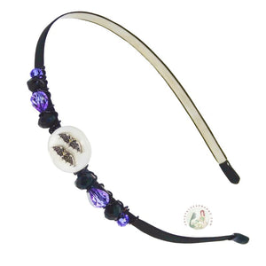 flexible headband embellished with bats flying over Full Moon, accented with purple and black Czech crystal beads, Flying Bats Headband