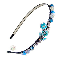 Load image into Gallery viewer, no-pinch headband embellished with dainty forget me not flowers centerpiece, accented with shiny crystal beads, Forget Me Not Headband
