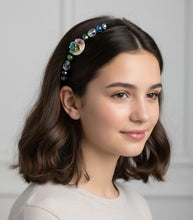 Load image into Gallery viewer, teenage girl wearing colorful crystal flowers side-embellished flexible headband, Colorful Crystal Flowers Headband

