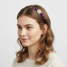 Load image into Gallery viewer, girl wearing a horse and horseshoe embellished headband, accented with pink Czech crystal beads
