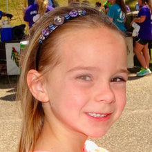 Load image into Gallery viewer, young girl wearing a sitting mermaid on amethyst decorated no-pinch headband, Sitting Mermaid Headband
