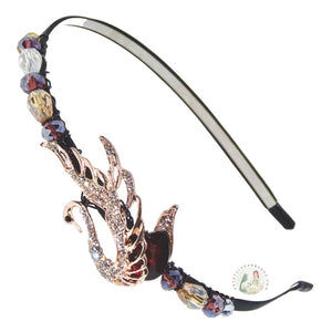 graceful swan embellished flexible headband, accented with purple, white, and amber Austrian crystal beads, Graceful Swan Headband