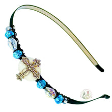 Load image into Gallery viewer, Adjustable headband with aqua beads and a cross centerpiece on a white background
