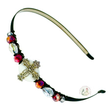 Load image into Gallery viewer, Elegant headband with red and white crystal beads and a cross centerpiece on a white background
