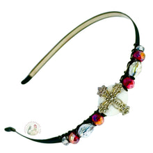 Load image into Gallery viewer, Decorative headband with red and white crystal beads and a sparkly cross centerpiece on a white background
