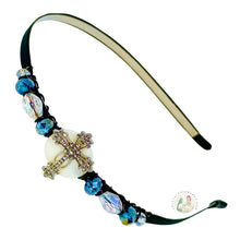 Load image into Gallery viewer, Comfortable headband with teal and white beads and a Greek cross centerpiece on a white background
