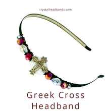 Load image into Gallery viewer, Side embellished comfortable headband with crystal beads and a cross centerpiece on a white background
