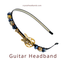 Load image into Gallery viewer, Guitar side-embellished headband with beads on a white background, branded 'crystalheadbandz.com'.

