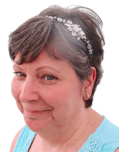 Load image into Gallery viewer, enameled green flower embellished flexible headband accented with Austrian crystal beads, with short hairstyle, Enameled Flower Headband
