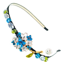 Load image into Gallery viewer, Decorative headband with colorful beads and blue Hortensia flower on a white background
