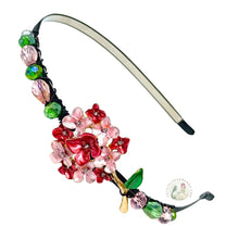 Load image into Gallery viewer, Decorative headband with pink Hortensia flower and beads on a white background

