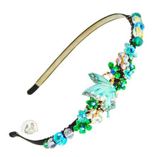 Load image into Gallery viewer, jeweled aqua butterfly decorated flexible headband, accented with iridescent Bohemian crystal beads, Jeweled Butterfly Headband
