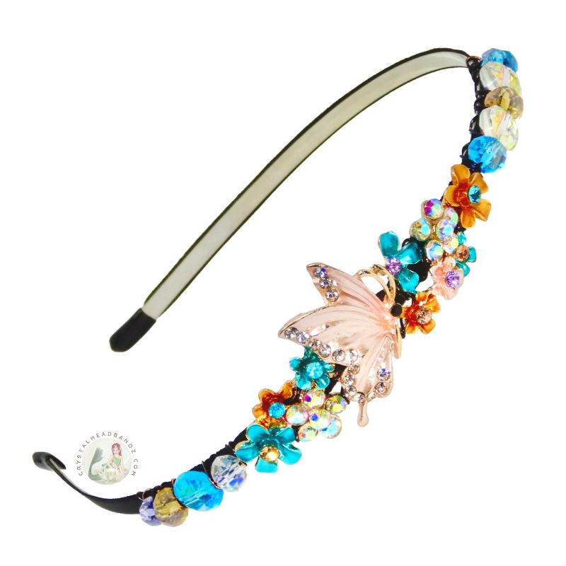 jeweled multicolor butterfly decorated flexible headband, accented with iridescent Bohemian crystal beads, Jeweled Butterfly Headband