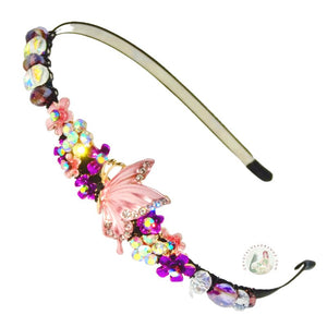jeweled pink butterfly embellished flexible headband, accented with Bohemian crystal beads, Jeweled Butterfly Headband