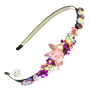 jeweled pink butterfly decorated flexible headband, accented with iridescent Bohemian crystal beads, Jeweled Butterfly Headband
