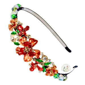 sparkly jeweled orange camellia embellished flexible headband, accented with iridescent Bohemian crystal beads, Jeweled Camellia Headband