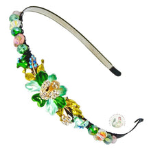 Load image into Gallery viewer, sparkly jeweled green daffodil embellished flexible headband, accented with iridescent Bohemian crystal beads, Jeweled Daffodil Headband
