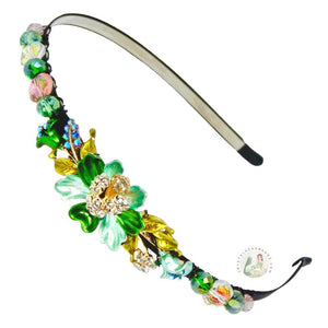 sparkly jeweled green daffodil embellished flexible headband, accented with iridescent Bohemian crystal beads, Jeweled Daffodil Headband