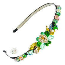 Load image into Gallery viewer, sparkly jeweled green daffodil decorated flexible headband, accented with iridescent Bohemian crystal beads, Jeweled Daffodil Headband
