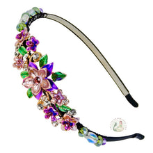 Load image into Gallery viewer, sparkly jeweled purple dahlia embellished flexible headband, accented with iridescent Bohemian crystal beads, Jeweled Dahlia Headband
