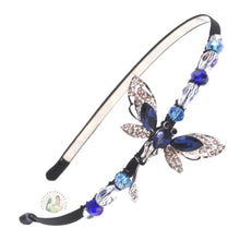 Load image into Gallery viewer, flexible headband side-embellished with a blue dragonfly, accented with sparkly Austrian crystal beads, Jewelwing Dragonfly Headband
