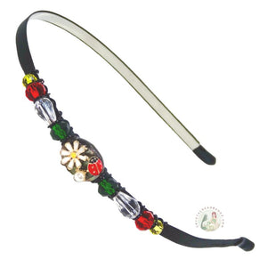 ladybug, simulated pearl and daisy flower embellished no-pinch headband accented with Czech crystal beads, Ladybug and Daisy Headband
