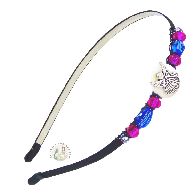 silver angel embellished flexible headband, accented with pink and blue Czech crystal beads, Little Angel Headband
